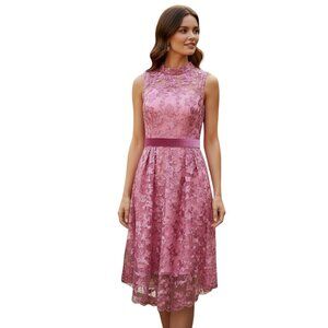 Eva Mendes Gown Womens Large Pink Sheer Lace Holiday Party Dress Elegant